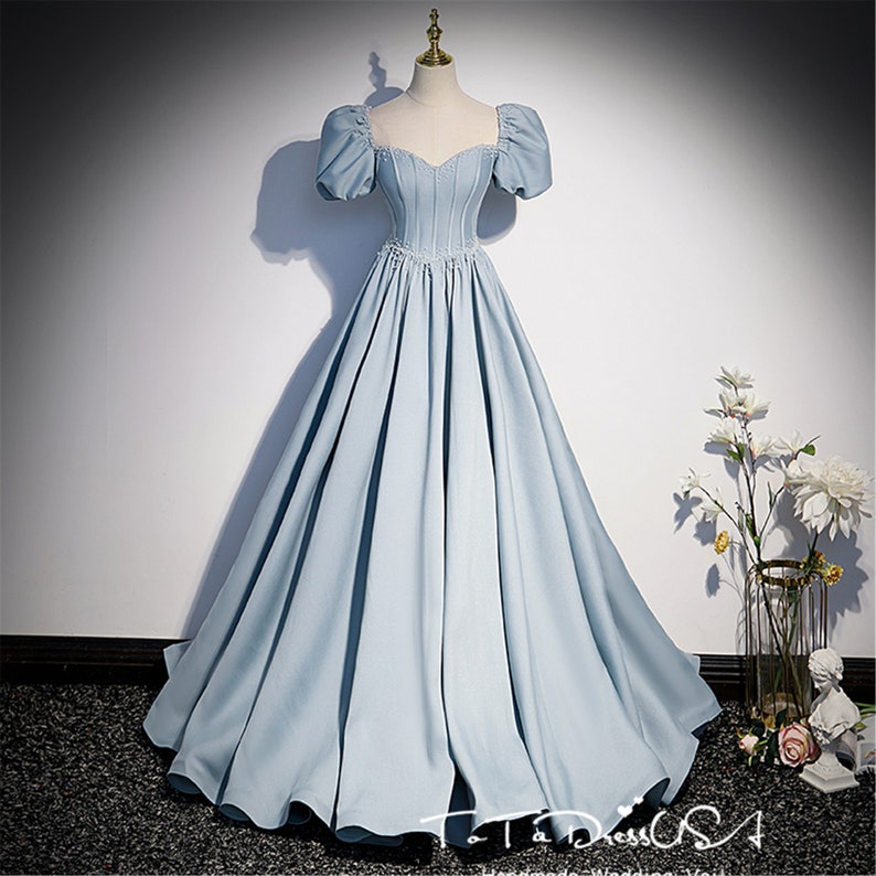 Formal Satin Dress Princess Graduation Party Dress Beaded Ball Gown Blue Evening Dress with Puff Sleeve Host Dress Senior Girl Prom Dresses 