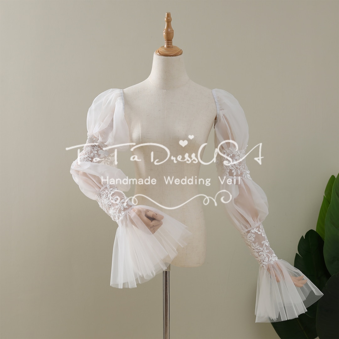 Pleated Detachable Puff Sleeves for Wedding Dress Removable Sleeve With Lace Applique Beaded
