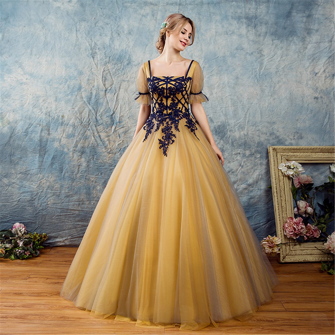 Yellow Princess Prom Dress Slit Neckline Graduation Long Dress image 1