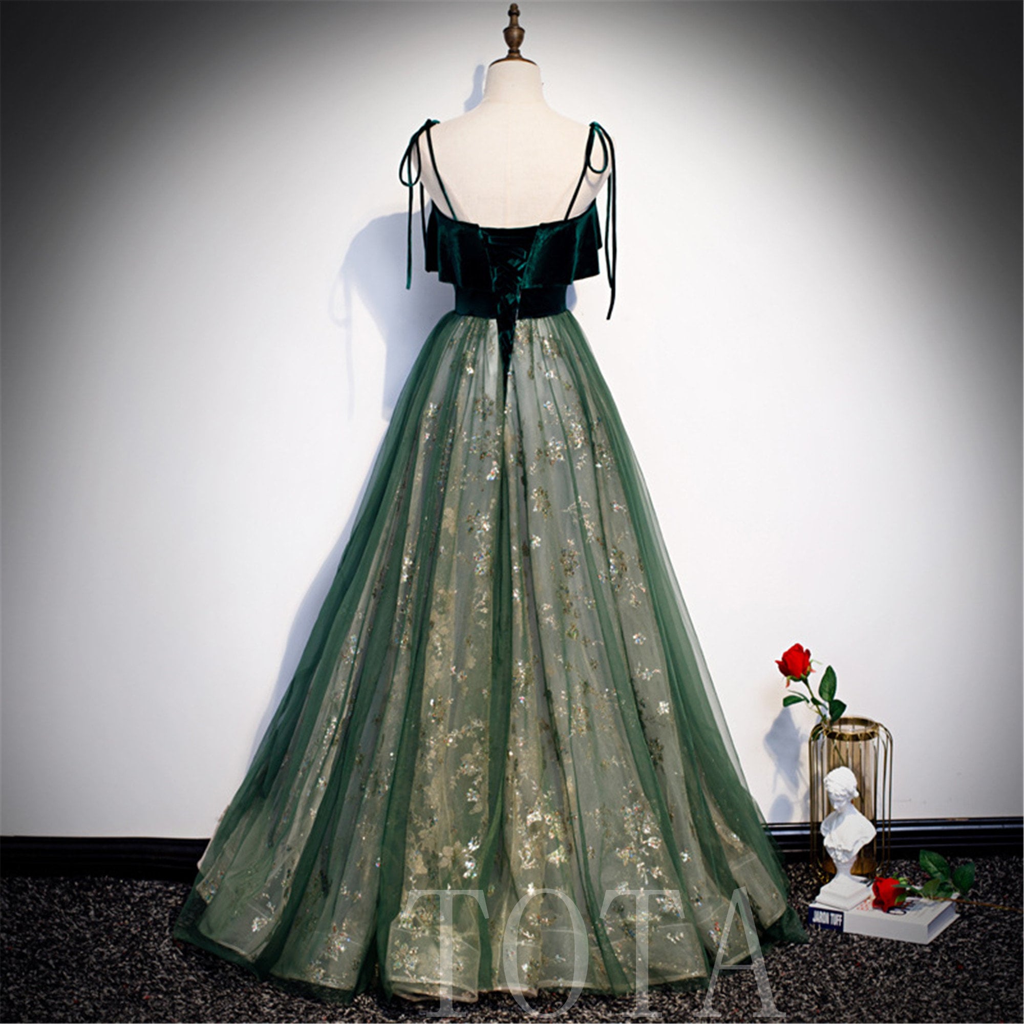 Vintage Dark Green Prom Dress Floral ...