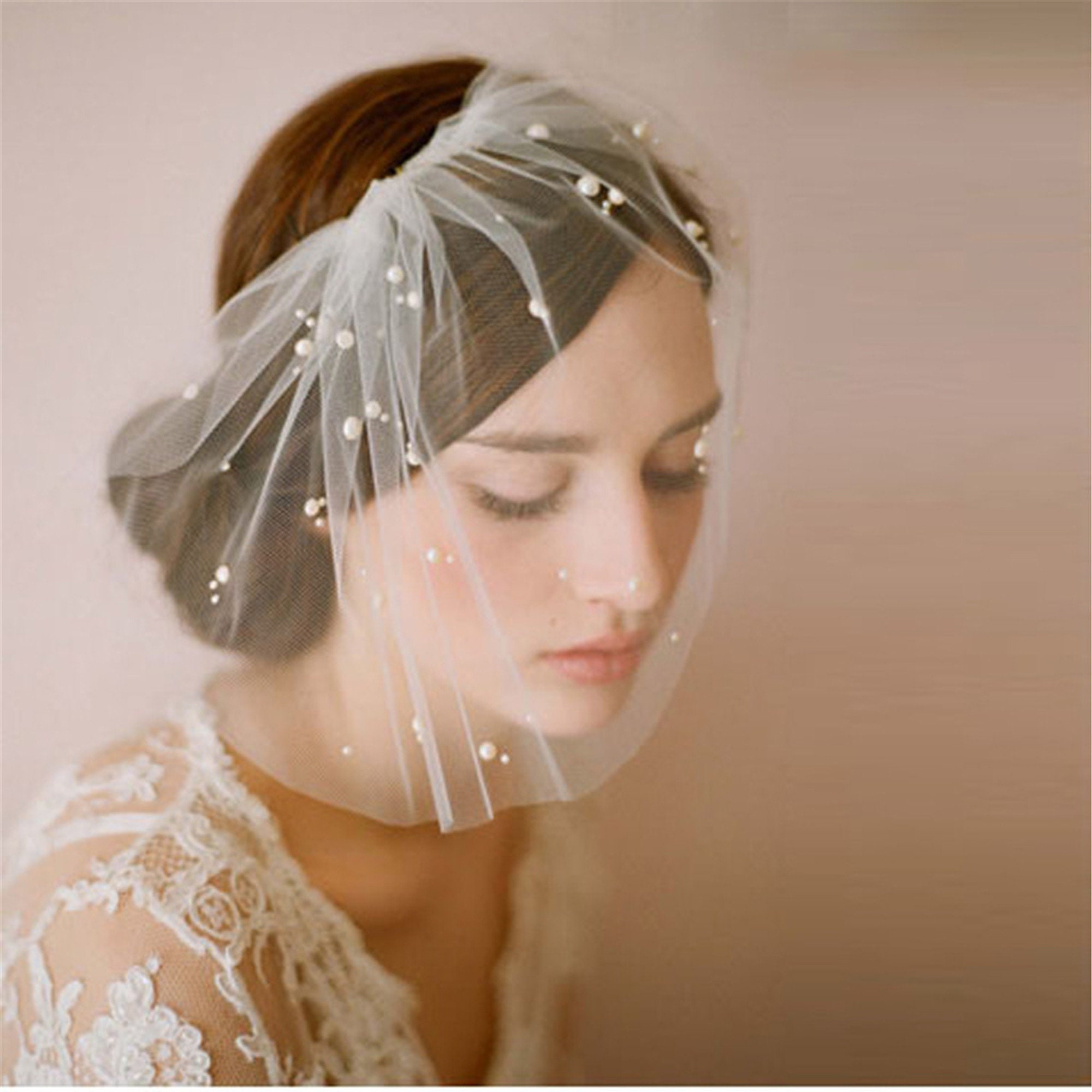 Pearls Bird Cage Wedding Veil Short 