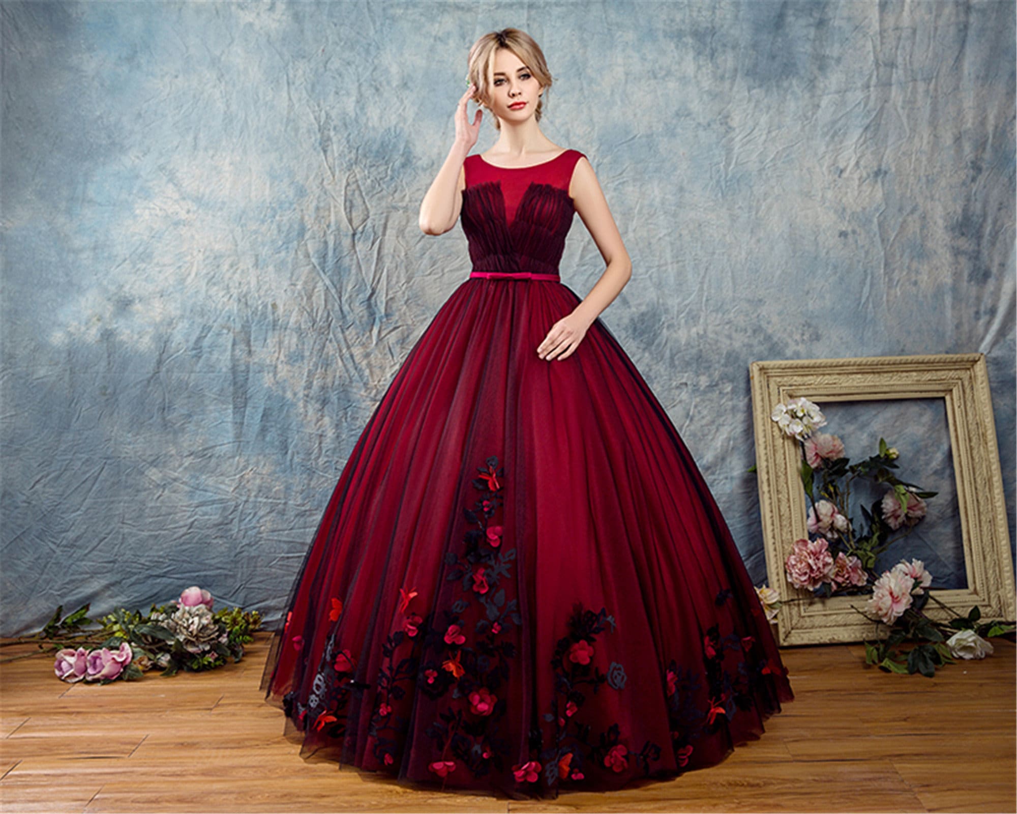 Burgundy Ruffled Rose Formal Dress Strapless A-Line Prom Ball Gown 216 –  vigocouture