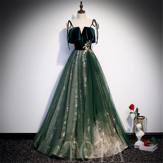 Dark Green Prom Dress Long Sleeve Flowers With Train