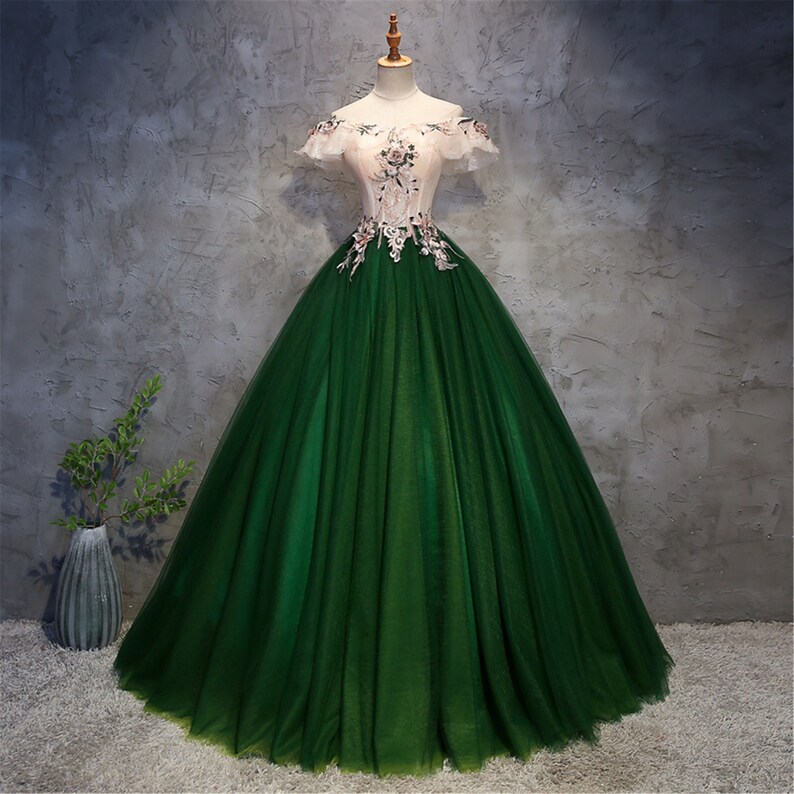 Vintage Pink and Dark Green Prom Dress Off Shoulder Floral Evening Dress Women Ball Gown Graduation Dress Victorian Ball Gown Formal Dress 