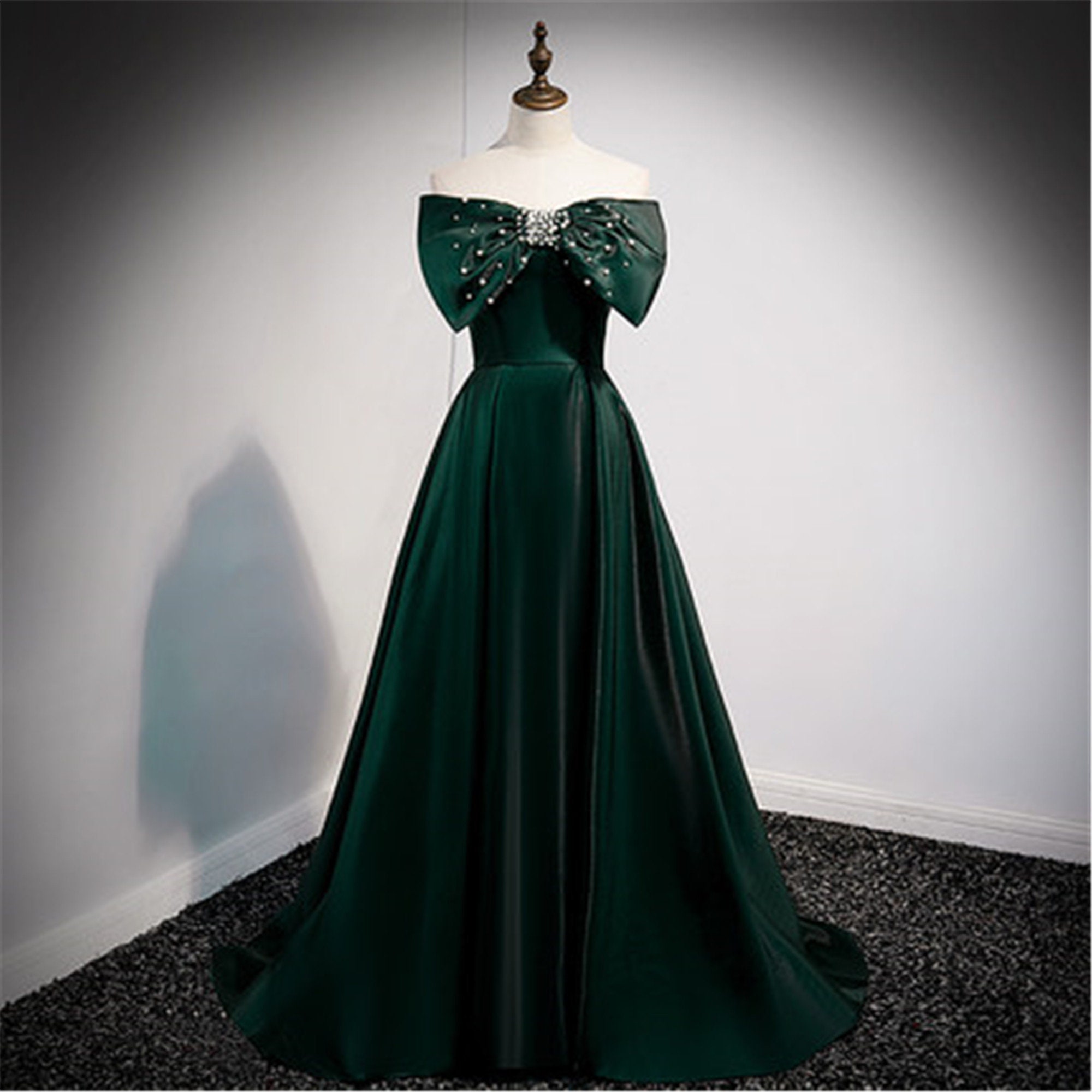 Dark Green Evening Dress Strapless Prom Dress Big Bow Green - Etsy Singapore