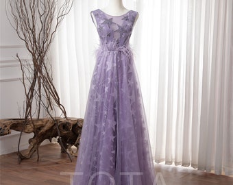 Lavender Purple Prom Dress High Slit Evening Dress Long Star Embroidery  Bridesmaid Dress Sequin Prom Dress Sparkly Wedding Dress Star Dress