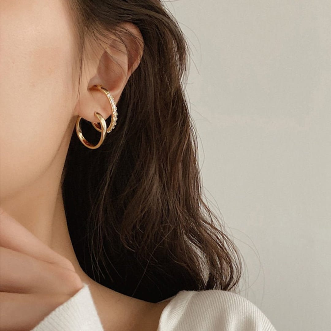 Gold Double Faux Spiral Hoop Korean Earrings, Gold Huggie Hoops, Gold