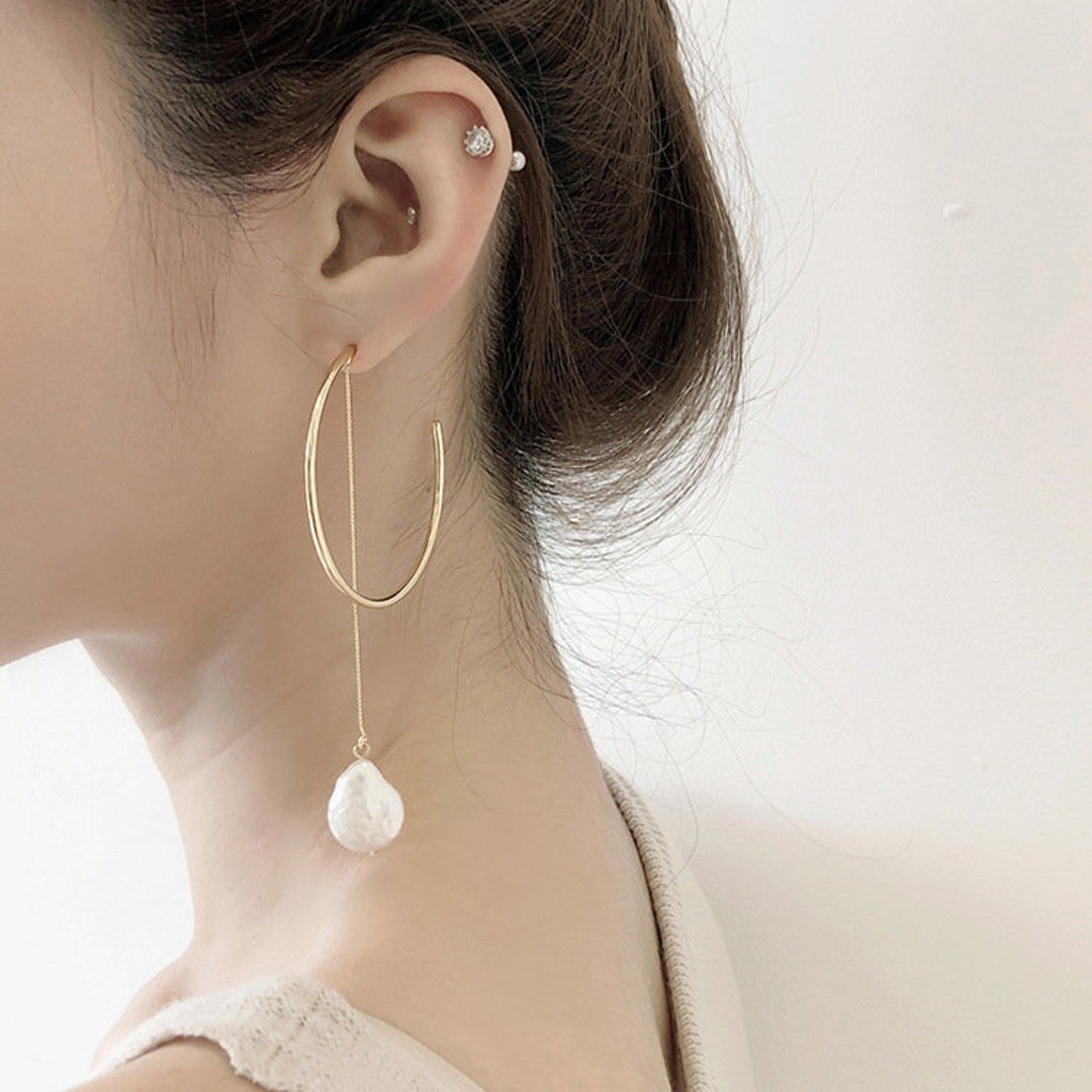 18K Gold Plated Asymmetrical Pearl Drop Earrings, Gold Hoop Pearl Drop ...