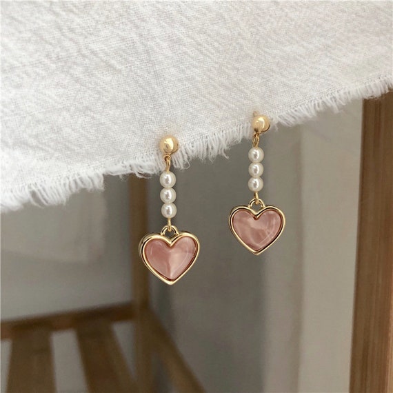 Drop Dangle Heart Korean Earrings, Pearl Drop Earrings, Minimalist Earrings, Dainty Earrings, Pink Heart Earrings, Gift For Her, Engagement