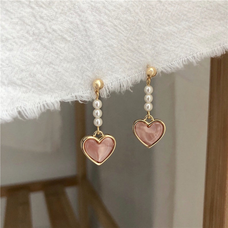 Drop Dangle Heart Korean Earrings, Pearl Drop Earrings, Minimalist Earrings, Dainty Earrings, Pink Heart Earrings, Gift For Her, Engagement 