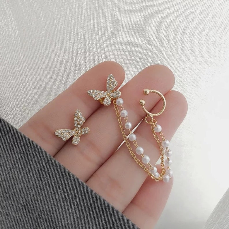 Gold Butterfly Pearl Cuff Earrings Butterfly Ear Climbers Etsy