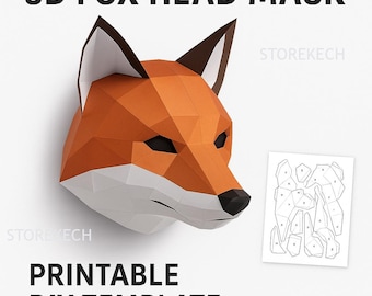 Plantilla de máscara de cabeza de zorro 3D: manualidades de papel (PDF) / Decoración de pared de animales imprimible y máscara de disfraz