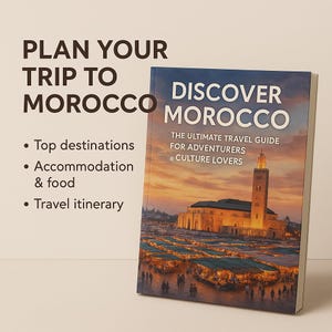 Puede incluir: Una portada de libro con una escena de puesta de sol de una ciudad en Marruecos. El título del libro es "Discover Morocco: The Ultimate Travel Guide for Adventurers & Culture Lovers".