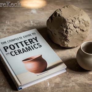 May include: A book titled "The Complete Guide to Pottery and Ceramics" with a terracotta pot on the cover. A large lump of clay and a small, unfinished ceramic pot are also present, suggesting a pottery theme.