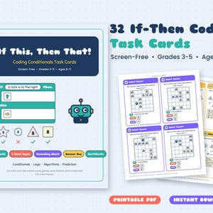 Tarjetas de tareas de codificación If Then, Condicionales de codificación sin pantallas para niños, Centros STEM de 3.º, 4.º y 5.º grado, Lógica de informática sin pantallas