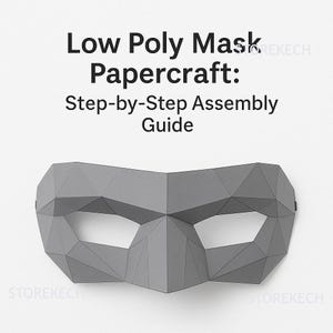 May include: A gray, low-poly papercraft mask with a geometric design. The mask has eye openings and a nose bridge. Text at the top reads "Low Poly Mask Papercraft: Step-by-Step Assembly Guide."