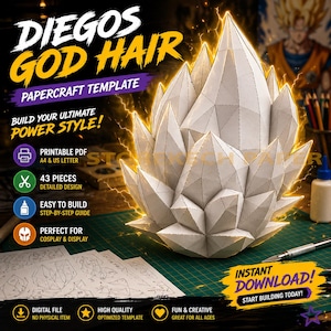 Può includere: Modello digitale di papercraft per "Diegos God Hair", raffigurante un modello 3D di capelli a punta. L'immagine mostra un PDF stampabile con 43 pezzi dettagliati e istruzioni facili da seguire. Adatto per cosplay e display.