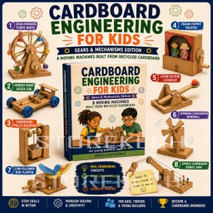 May include: A book titled Cardboard Engineering for Kids: Gears & Mechanisms Edition, surrounded by eight cardboard models including a ferris wheel, racer car, pulley elevator, puppet theater, catapult, windmill, bird flapper, and robot arm.