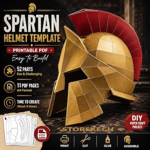 Puede incluir: Una plantilla de casco espartano geométrico dorado con una cresta roja. La imagen incluye el texto "SPARTAN HELMET TEMPLATE" y detalles sobre el PDF imprimible, incluyendo 52 piezas, 11 páginas y un tiempo de construcción de 4 horas. El diseño es para un proyecto de manualidades de papel.