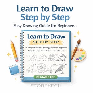 May include: A drawing guide book titled "Learn to Draw Step by Step" with a pencil, eraser, paintbrush, and paint palette. The book cover shows step-by-step drawing examples of animals and flowers. The text "Easy Drawing Guide for Beginners" is also visible.