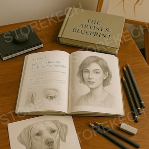 Könnte beinhalten: Ein offenes Kunstbuch mit einer Bleistiftzeichnung eines Frauenporträts, neben einem geschlossenen Buch mit dem Titel "THE ARTIST'S BLUEPRINT". Bleistifte und ein Radiergummi liegen auf der Holzoberfläche. Eine Hundezeichnung ist ebenfalls sichtbar.