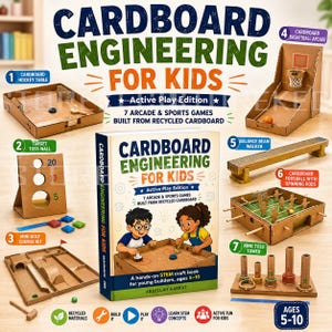 May include: A book titled Cardboard Engineering for Kids: Active Play Edition surrounded by seven cardboard games including a hockey table, basketball arcade, target toss wall, mini golf kit, balance beam, foosball table, and ring toss tower.