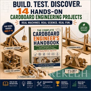 May include: The Complete Cardboard Engineer's Handbook book surrounded by cardboard models including a trebuchet launcher, marble run labyrinth, hydraulic robotic claw, suspension bridge, and wind-powered gear turbine for young makers ages 9-14.