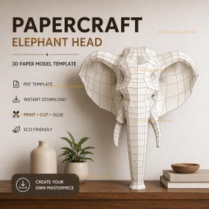 Può includere: Una testa di elefante in carta bianca con un design geometrico. L'immagine include il testo "PAPERCRAFT ELEPHANT HEAD" e "3D PAPER MODEL TEMPLATE". Ulteriore testo indica che si tratta di un modello PDF, download immediato ed ecologico.