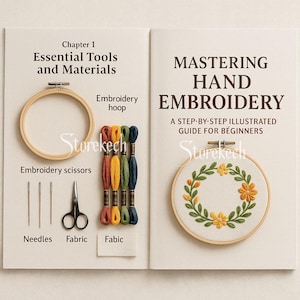 May include: An open book titled "Mastering Hand Embroidery: A Step-by-Step Illustrated Guide for Beginners." The left page displays embroidery tools: a hoop, needles, scissors, fabric, and thread. The right page shows a finished embroidery hoop with a floral design.