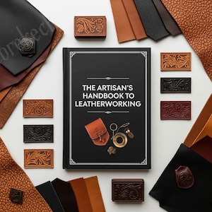 Op de afbeelding: Een bovenaanzicht van leerbewerkingsbenodigdheden, waaronder een boek getiteld "The Artisan's Handbook to Leatherworking", leren stalen en decoratieve leren stukken in verschillende kleuren en texturen. Een klein leren zakje en gereedschap zijn ook zichtbaar.