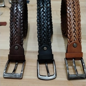 Handwoven Leather Belt Set – 3 Braided Belts (Black, Dark Brown, Tan) – Handmade Moroccan Craft – Men’s Fashion Accessories