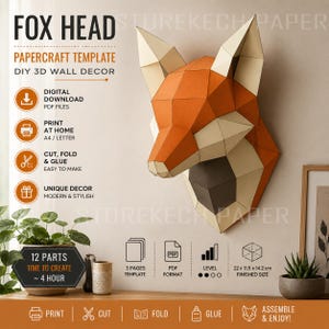 Rävhuvud papperspysselmall, DIY 3D-väggdekor, lågpoly räv PDF-mönster, utskrivbart djurhuvud, digital nedladdning