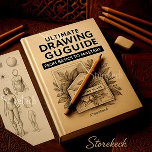 Può includere: Un libro marrone intitolato "Ultimate Drawing Guide" con il sottotitolo "From Basics to Mastery". La copertina del libro presenta una matita, un disegno di una busta chiusa con foglie, e la parola "Storekech" stampata sulla copertina.