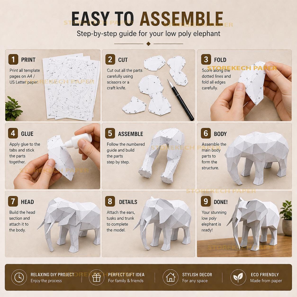 Elephant Paper Model Layout Low Poly Elephant Papercraft Template – DIY Paper Sculpture – 3D ...