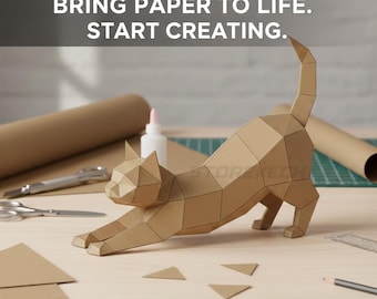 Rozciągający się kot z papieru w technologii Low Poly – model 3D z tektury (wzór w formacie PDF)