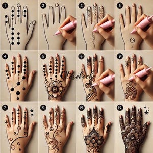 May include: Step-by-step instructions for creating a henna design on a hand. The image shows a hand with a detailed henna pattern, with each step showing the progression of the design.