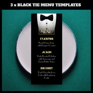 Pode incluir: Modelo de menu Black Tie com design de smoking. O menu apresenta um fundo preto com texto dourado e um gráfico de camisa branca e gravata borboleta. O menu inclui opções de entrada, prato principal e sobremesa.