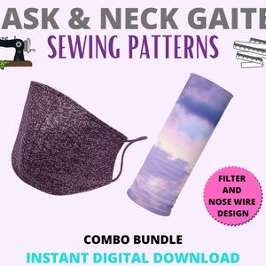 Op de afbeelding: Een digitaal downloadpatroon voor een paarse gezichtsmasker en een paarse en blauwe nekwarmer. Het patroon bevat instructies voor het toevoegen van een filter en een neusdraad. De tekst op de afbeelding luidt "MASK & NECK GAITER SEWING PATTERNS" en "COMBO BUNDLE INSTANT DIGITAL DOWNLOAD".