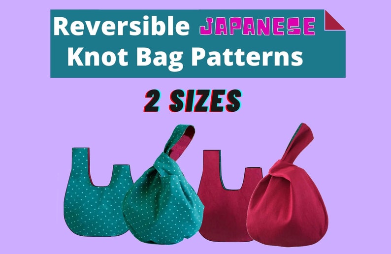 May include: Four reversible knot bags in two sizes. Two bags are teal with white polka dots, and two bags are red. The bags are made of fabric and have a knotted handle.