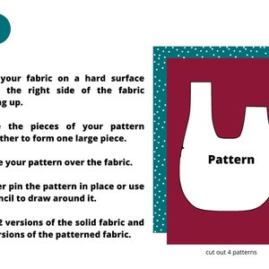 May include: Step one of a sewing project, showing a white pattern piece shaped like a tote bag on a burgundy background. The pattern piece is labeled "Pattern" and has scissors next to it. The text "cut out 4 patterns" is below the image.