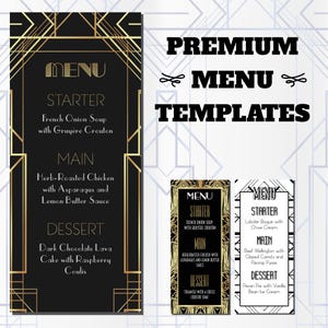 Menus de jantar Art Déco dos anos 1920 | EDITÁVEL | O Grande Gatsby | Black Gold Roaring 20s Vintage Prohibition Party Entrada Principal Sobremesa