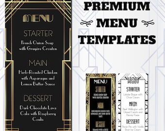 1920s Art Deco Dinner Menus | EDITABLE | Great Gatsby | Black Gold Roaring 20s Vintage Prohibition Party Starter Main Dessert