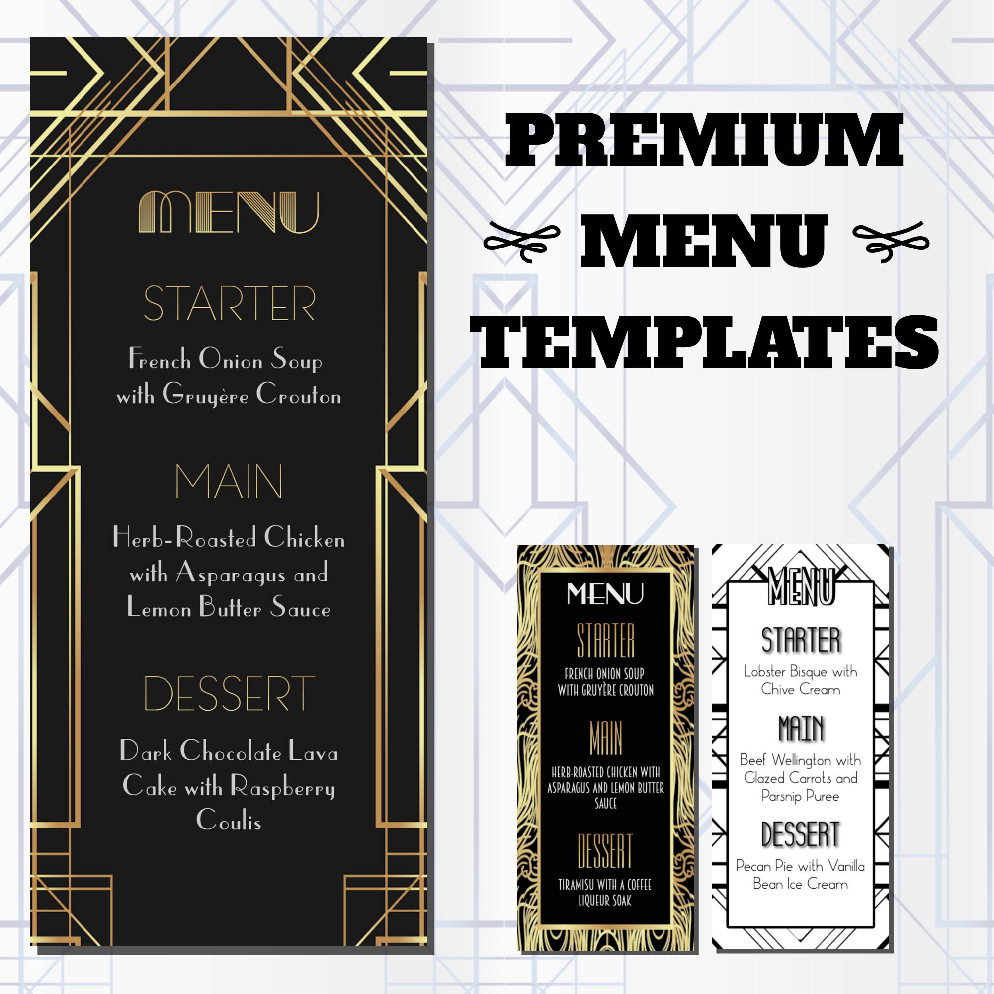 1920s Art Deco Dinner Menus | EDITABLE | Great Gatsby | Black Gold ...