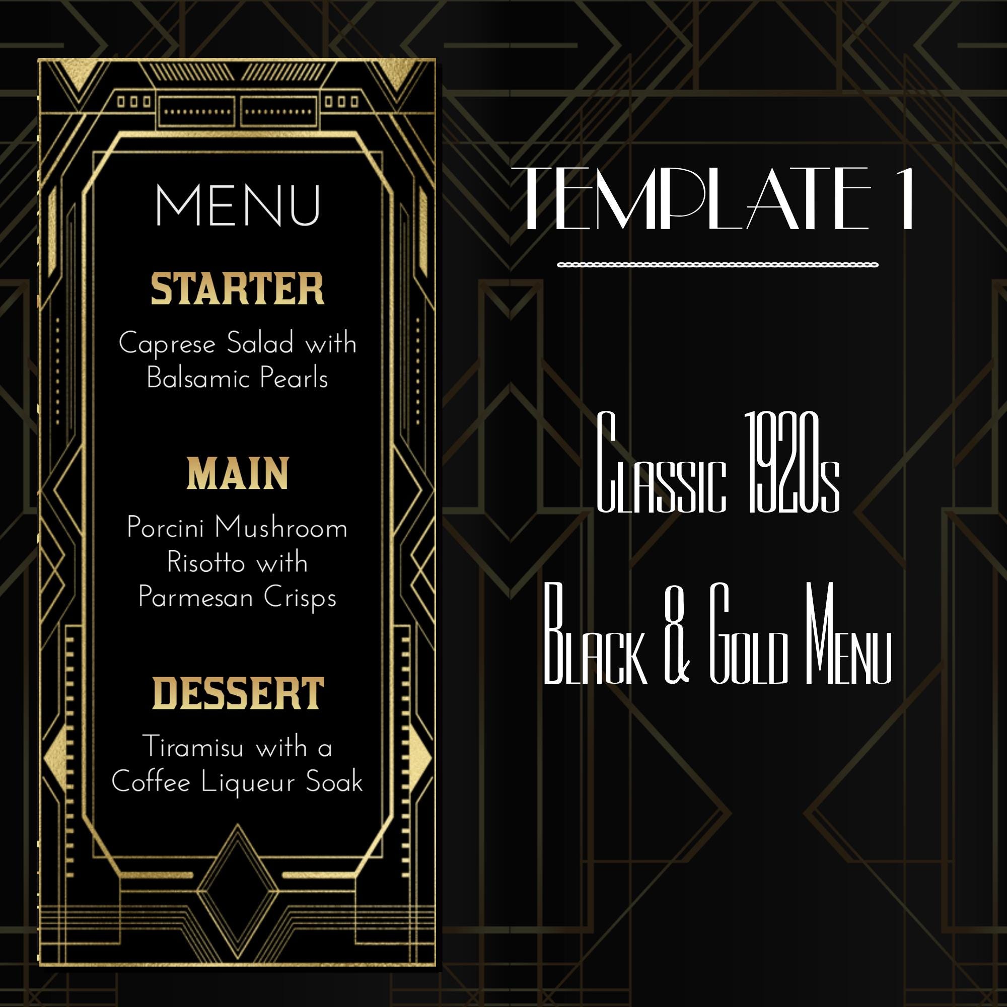 1920s Art Deco Dinner Menus | EDITABLE | Great Gatsby Black Gold ...