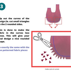 May include: A step-by-step guide on how to clip out the curves of a fabric design. The image shows a pink fabric piece with a blue dashed line marking the curve. Small triangles are cut out along the curve to make the fabric less tense. The text reads "make cuts on curves".