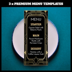 Menus de jantar Art Déco dos anos 1920 | EDITÁVEL | Grande Gatsby Preto Ouro Roaring 20s Vintage Proibição Festa Entrada Principal Sobremesa