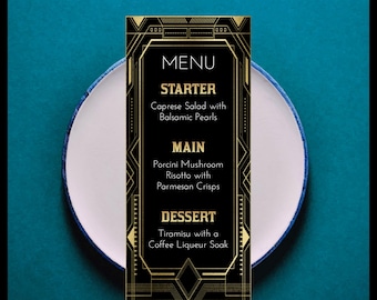 1920s Art Deco Dinner Menus | EDITABLE | Great Gatsby Black Gold Roaring 20s Vintage Prohibition Party Starter Main Dessert
