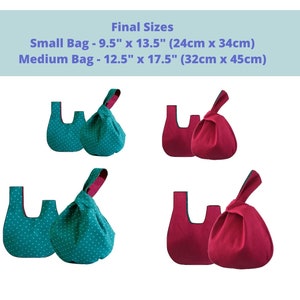 May include: Four drawstring bags in two different sizes and colors. Two teal bags with white polka dots, one small and one medium. Two burgundy bags, one small and one medium. The text "Final Sizes" is at the top of the image. The text "Small Bag - 9.5" x 13.5" (24cm x 34cm)" is below the text "Final Sizes". The text "Medium Bag - 12.5" x 17.5" (32cm x 45cm)" is below the text "Small Bag".