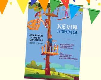 Forest Adventure Park Invitation Template | EDITABLE | Outdoor Tree Zipline Skywalk Climbing Birthday Party Invite | Ziplining Obstacle