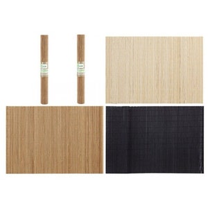 May include: A selection of bamboo placemats and rolls. The placemats are in natural, light beige, and black. Two bamboo rolls are also shown, with green and white labels.